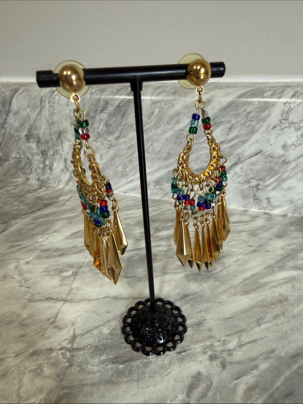 Vintage Gold Tone Beaded Fringe Chandelier Statement Earrings Boho Festival 3”